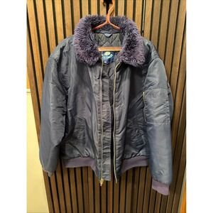 Vintage Navy Blue Bomber Jacket with Blue "Fur" Trim - Vintage Size XL/46